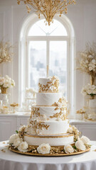 Luxury white chocolate wedding cake decorated with flowers in kitchen