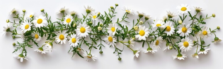A line of fresh daisy flowers arranged on a white background