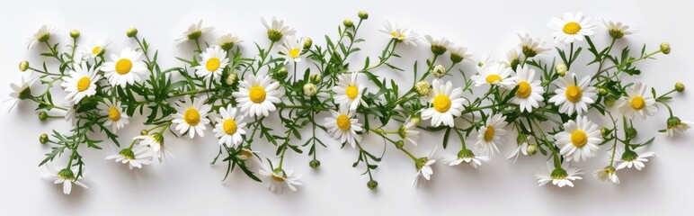 Fototapeta na wymiar A line of fresh daisy flowers arranged on a white background