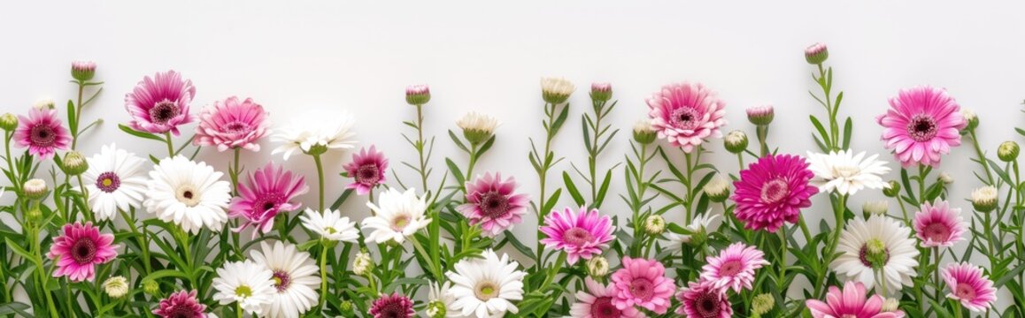 A row of colorful gerbera flowers against a white background