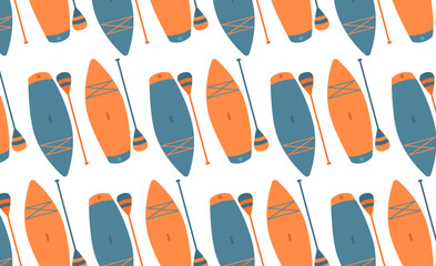 Bright abstract seamless pattern in flat style with SUP. Ornament with inflatable boards and paddle for rowing on the water