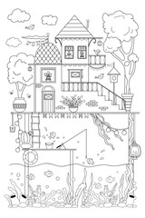 Anti-Stress Coloring Page Featuring A Cute House By The River For Both Children And Adults, Filled With Numerous Details