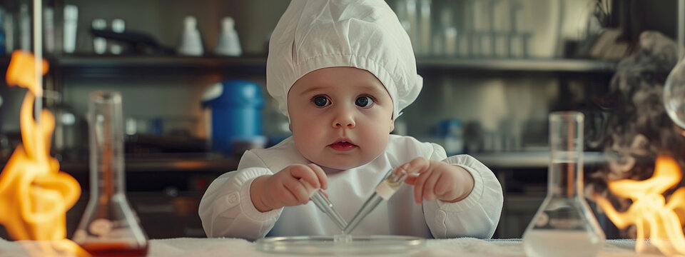 the concept of a baby doing a chemical experiment