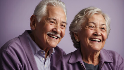 Heiteres Seniorenpaar in harmonischen Lila-Tönen teilt ein herzliches Lachen