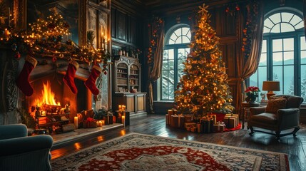 A cozy room with a fireplace, Christmas tree, and presents.