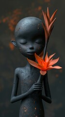 Intricate clay statue portraying a figurine gently holding onto an orange flower.