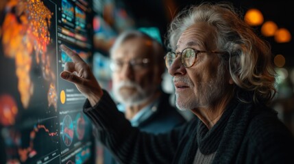 Obraz premium An elderly couple is captivated by a high-tech digital interface, with the man pointing at dynamic data visualizations, reflecting their engagement with cutting-edge technology.