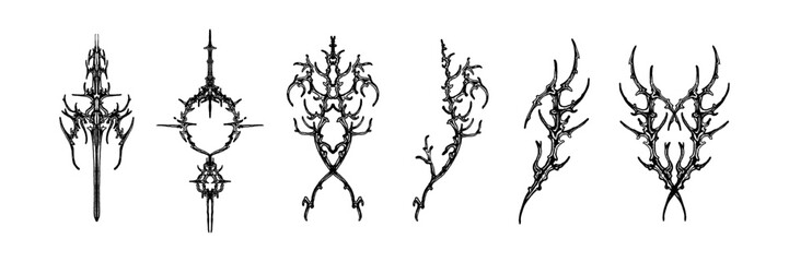 Fototapeta premium Neo tribal gothic tattoo set, y2k retro futuristic cyber symmetry shapes, vector dark roots branches. Metal music cover print, alien surreal illustration, sword, star grunge clipart. Neo tribal symbol