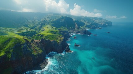 Lush Green Cliffs Towering Over Crystal Blue Waters