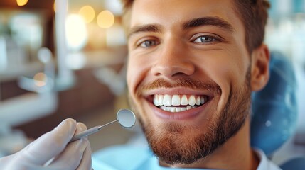 A close-up of a handsome young man with a perfect smile sitting in a dental chair, confidently interacting with the dentist during a routine dental exam. - Powered by Adobe