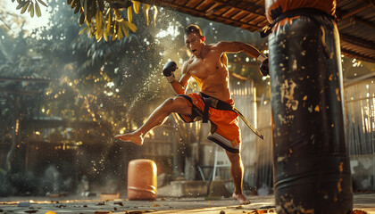 Sweaty Muay Thai Warrior jumping before leg punches and kicks on boxing column. Young fit muscular man in Gloves at shorts morning practice training. Active sporty people hard work concept. - obrazy, fototapety, plakaty
