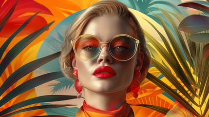 A fashionable woman with golden sunglasses surrounded by vivid tropical leaves