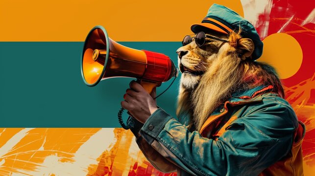 Striking pop-art style image shows a lion in a stylish outfit yelling into a megaphone, representing bold communication and wild fashion