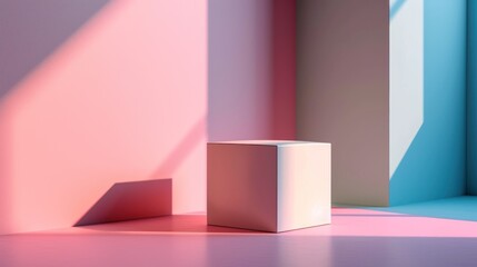 A white box is sitting on the ground in a room with pink and blue walls. The light is shining through the walls and creating shadows. - Powered by Adobe