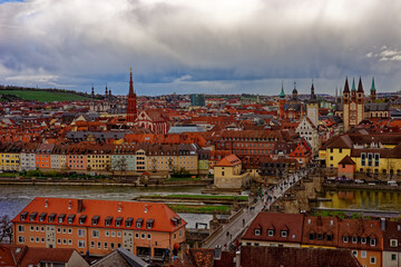 Fototapeta na wymiar A beautiful day in the medieval city of Wurzburg on a rainy day.