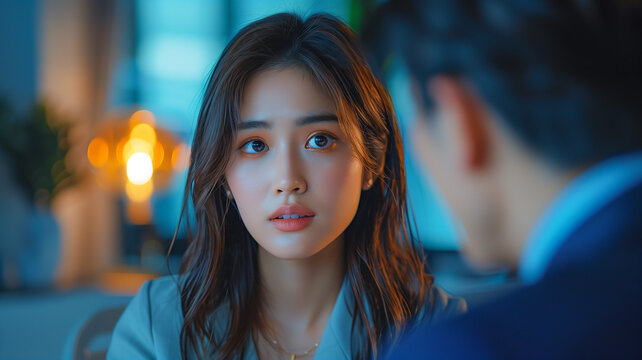 Korean girl and guy on a blind date. Asian girl on the first date