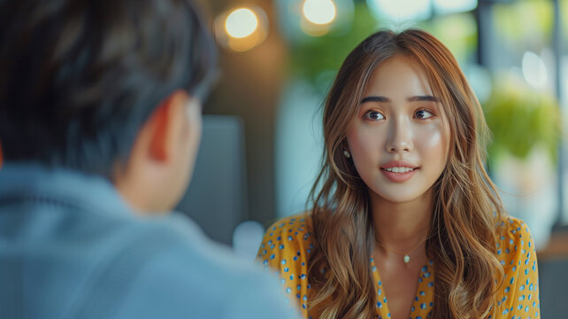 Korean girl and guy on a blind date.