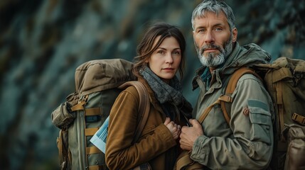 Fototapeta premium Rugged couple equipped with backpacks ready for an outdoor adventure