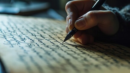 A man writes on a piece of paper with a fountain pen. The paper is old and yellowed, close-up of a hand.