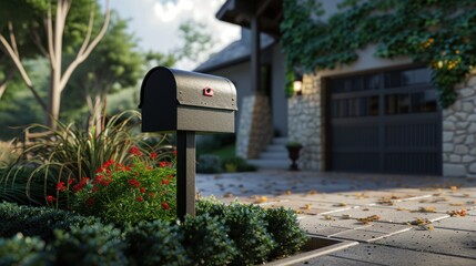 The mailbox is in front of the house with a garage. The mailbox is black and has a red flag. Flowers grow in front of the mailbox.