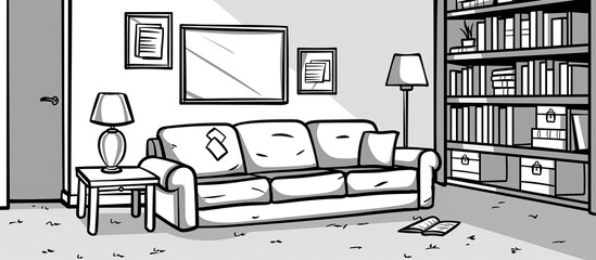 A black and white drawing of a living room with a couch, bookshelf, chair, and picture frame in a rectangular studio space with a window. Interior design concept