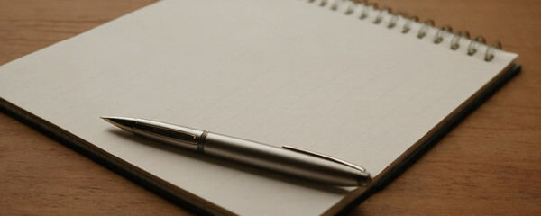 A black pen lies on top of a ruled notebook placed on the wooden surface of a desk.