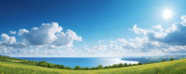 A realistic painting depicting a vast green field with a calm sea in the distance and a blue cloudy sky.