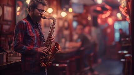 The vibrant spirit of a saxophonist in mid-performance within the lively, red-hued backdrop of a...