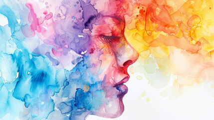 Woman's profile of face abstract watercolor illustration on the paper with copy space. Different of Emotions. Concept about emotional health. Psychology, mentality, thinking,feeling,Depression. - obrazy, fototapety, plakaty