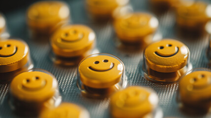 Depression therapy. Happiness pill. Help from a psychologist concept. Emoticons in a pill blister - obrazy, fototapety, plakaty
