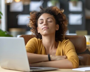 Capture an individual taking a deep breath, eyes closed, in front of a laptop screen filled with unread emails, depicting a moment of stress and the need for a digital break