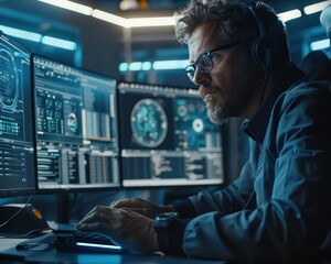 Capture an over-the-shoulder view of a professional analyzing cybersecurity threats on a computer, with the screen showing a sophisticated security software interface