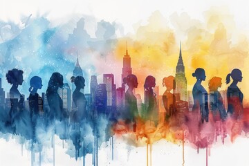 Illustrate a watercolor skyline of a city, with silhouettes of women of different professions standing tall, symbolizing women's diverse roles and contributions to society - obrazy, fototapety, plakaty
