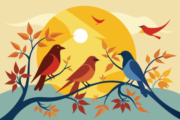 birds on branches only sun in the background vector illustration