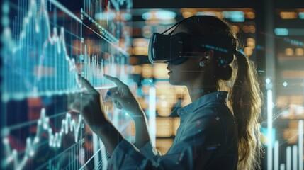 Photograph a financial analyst wearing VR headsets, interacting with 3D graphs and models that float in the virtual space around them, highlighting data analysis in the future of finance
