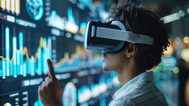 Photograph a financial analyst wearing VR headsets, interacting with 3D graphs and models that float in the virtual space around them, highlighting data analysis in the future of finance