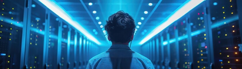 Take a photo inside a server room bathed in blue light, with a network professional ensuring the servers are secure, emphasizing the physical aspect of digital data protection - obrazy, fototapety, plakaty