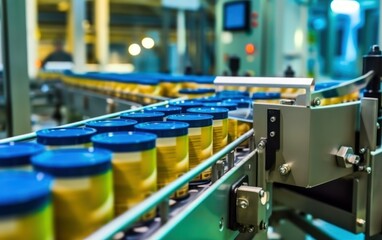 Obraz premium Automated food production line with jars