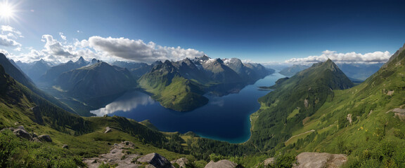 Naklejka na ściany i meble panorama of the mountains and a lake