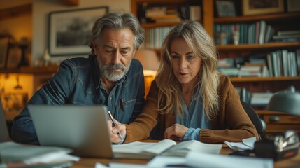 In a home office filled with books and personal touches, a middle-aged couple is deeply focused on their work, consulting a laptop and notes with serious concentration.