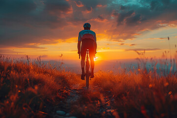 Silhouette of a cyclist on a gravel bike riding on a gravel trail at sunset. - obrazy, fototapety, plakaty