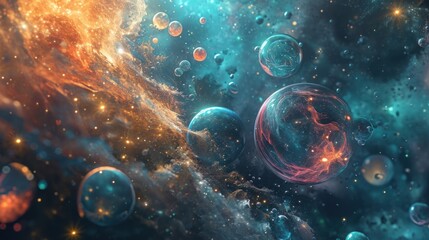 Abstract background nebula with stars and space bubbles floating in the vast universe. - obrazy, fototapety, plakaty