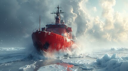 A icebreaker ship cracks through frozen waters, its hull slicing through thick ice