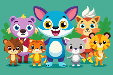 Colorful set of little cartoon animals characters