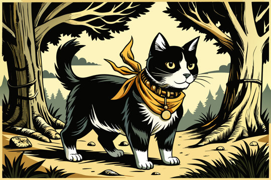 A black and white cat walking  around a tree, a woodcut, inspired by Charles Ginner, sōsaku hanga, golden chains, detail, wearing a bandana and chain, brom gerald