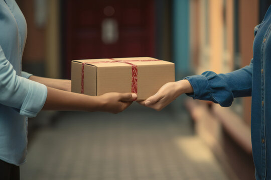 Hands giving gift box parcel over background. Give the present with both hands.
