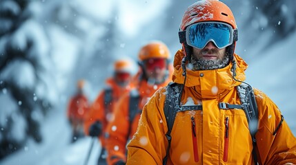 Group of snowboarders in orange helmets and jackets on the background of snowy mountains.