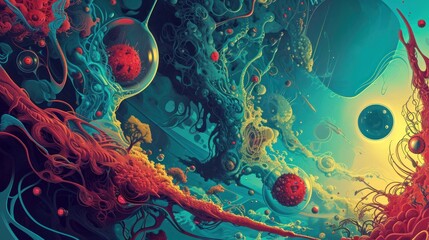 Abstract background of a deep sea scene in red and blue colors. It has structures that look like coral, bubbles, and what looks like tiny alien creatures.