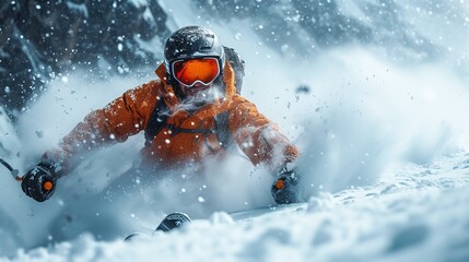 Naklejka na ściany i meble Snowboarder sliding downhill in high mountains Extreme winter spor