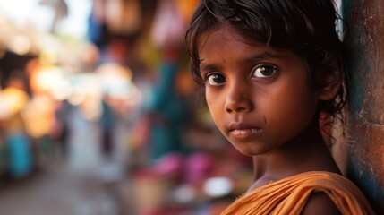 A young Indian girl with big eyes stands against the wall and looks at the camera. She wears an orange saree and her hair is tied back. The background is colorful and blurry.
